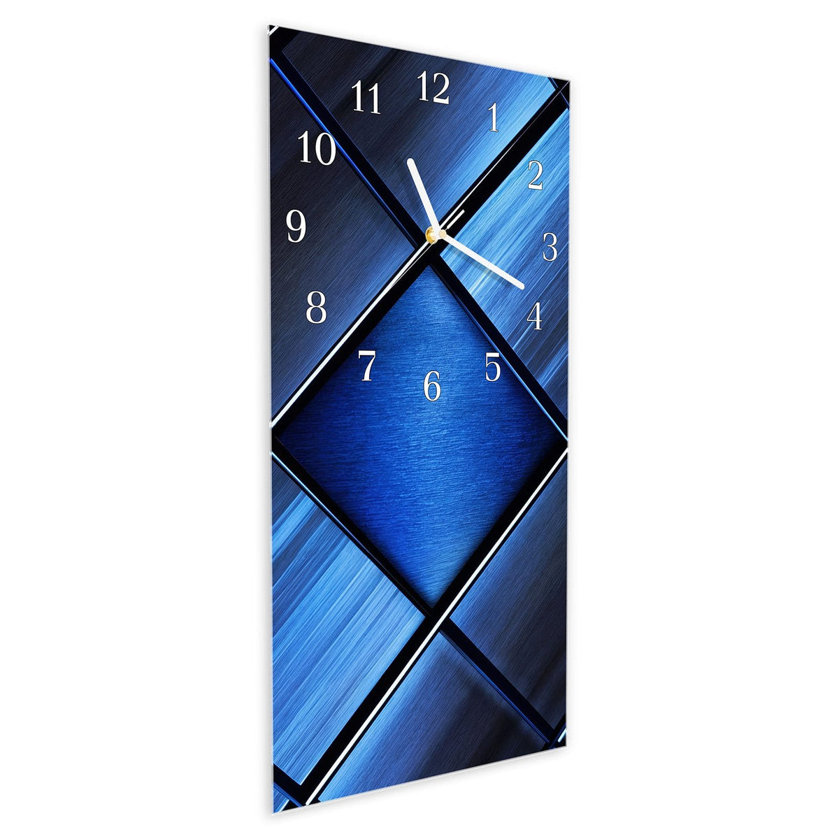 Vormontiert – mit Schwebeeffekt – Wanduhr Blaue Kacheln aus Glas – Hochformat 30 × 60 cm