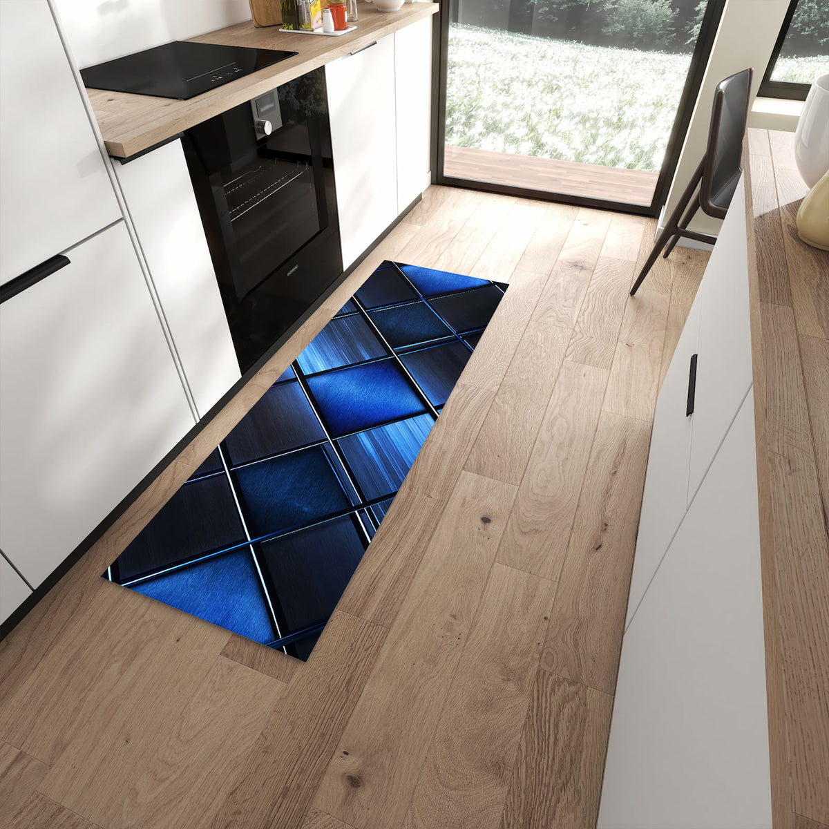 Küchenteppich mit Motiv Blaue Kacheln für angenehme Haptik in moderner Küche
