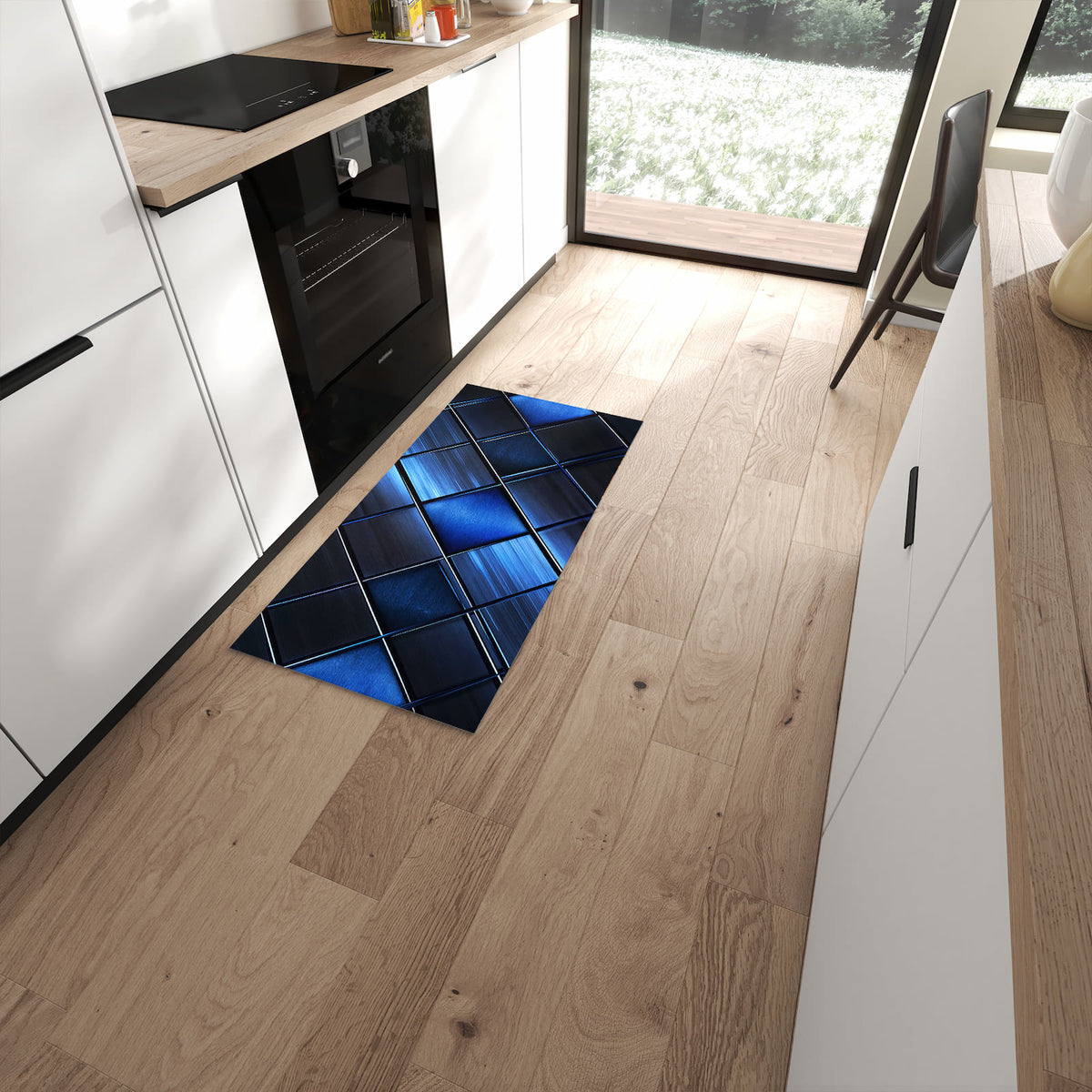 Rutschfester Küchenläufer mit Motiv Blaue Kacheln in moderner Küche #grösse_60 x 120 cm