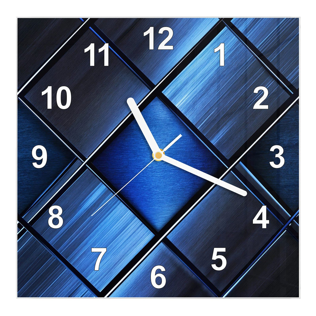 Wanduhr aus Glas, Ziffernblatt Modern: Diagonal gestellte, gebürstet-metallische Quadrate in Blau- und Schwarztönen #ziffernblatt_Modern