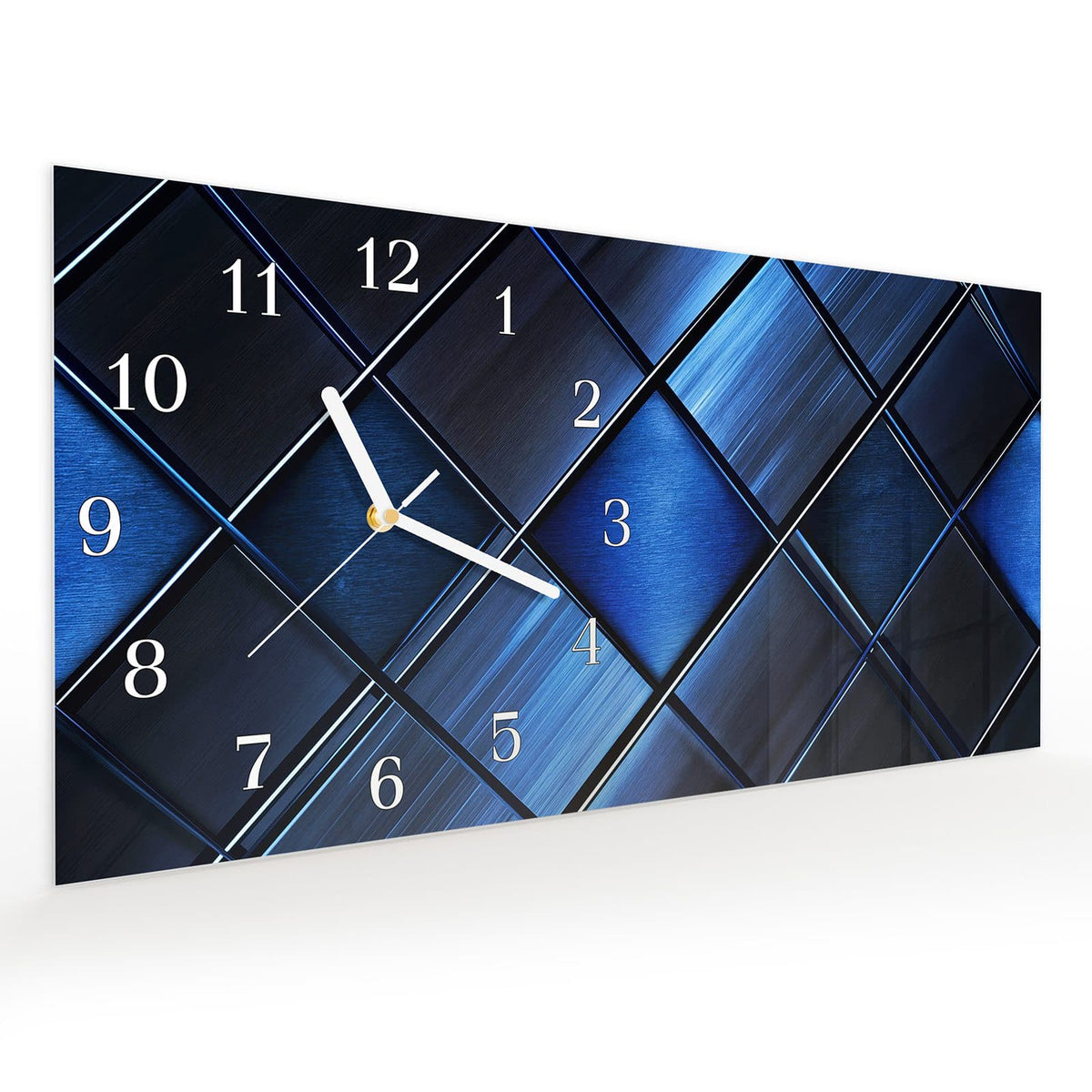 Vormontiert – mit Schwebeeffekt – Wanduhr Blaue Kacheln aus Glas – Querformat 60 × 30 cm