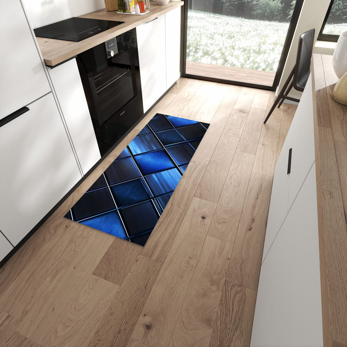 Rutschfester Küchenteppich mit Motiv Blaue Kacheln in moderner Küche - leicht zu reinigen #grösse_60 x 150 cm
