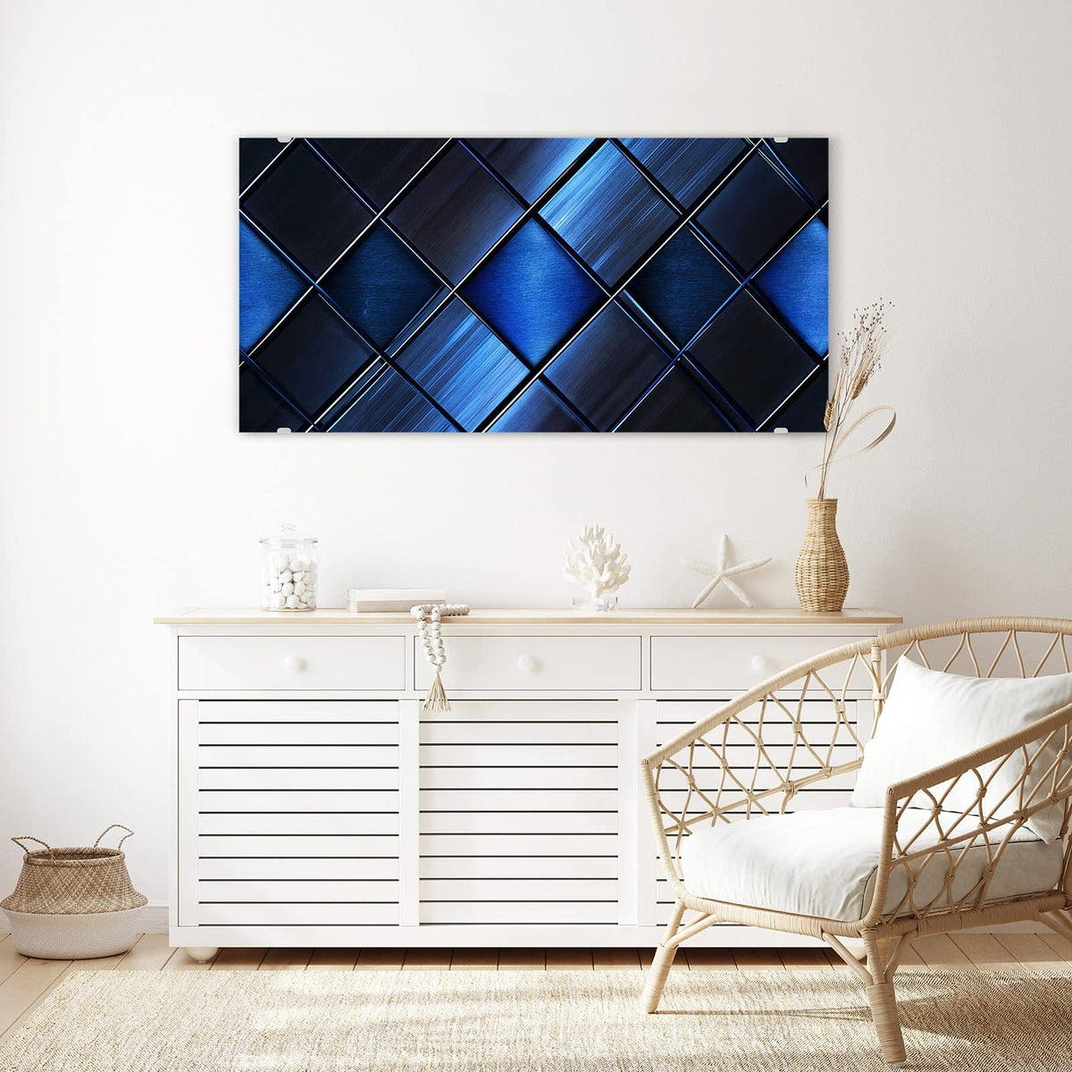 Echtglas, 4 mm – kein Acryl, keine Folie – Wandbild - Metallkacheln in Blau - Querformat