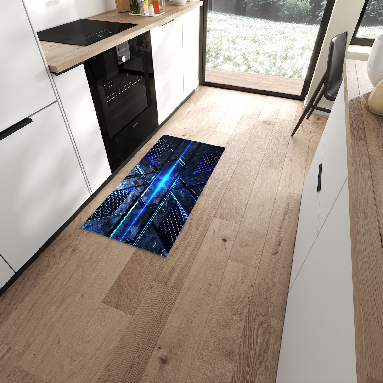 Zeitsparender langer Teppich mit Motiv Futuristisches Design in moderner Küche #grösse_60 x 120 cm