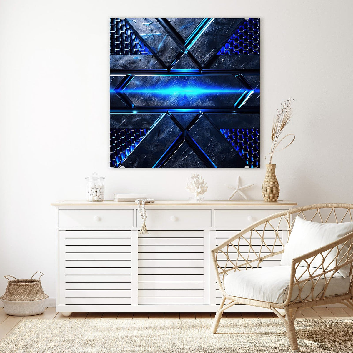 Echtglas, 4 mm – kein Acryl, keine Folie – Wandbild - Blauer Lichtstreifen - Quadratisch