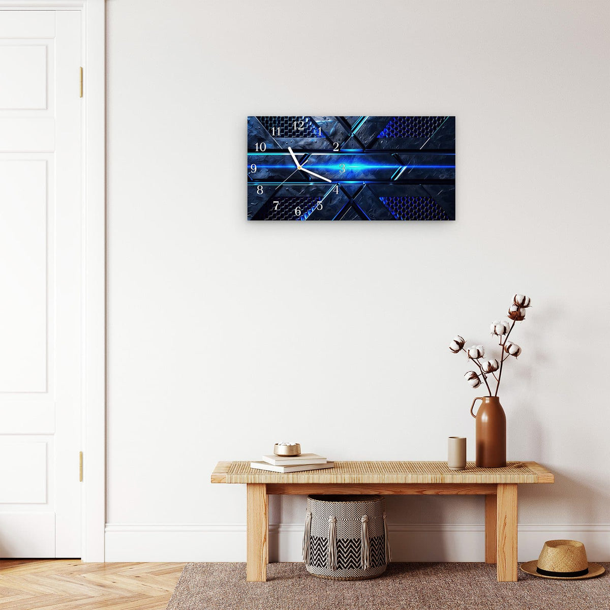 Moderne Wanduhr aus Glas mit Farbtiefe – Wanduhr Futuristisches Design aus Glas – Querformat 60 × 30 cm
