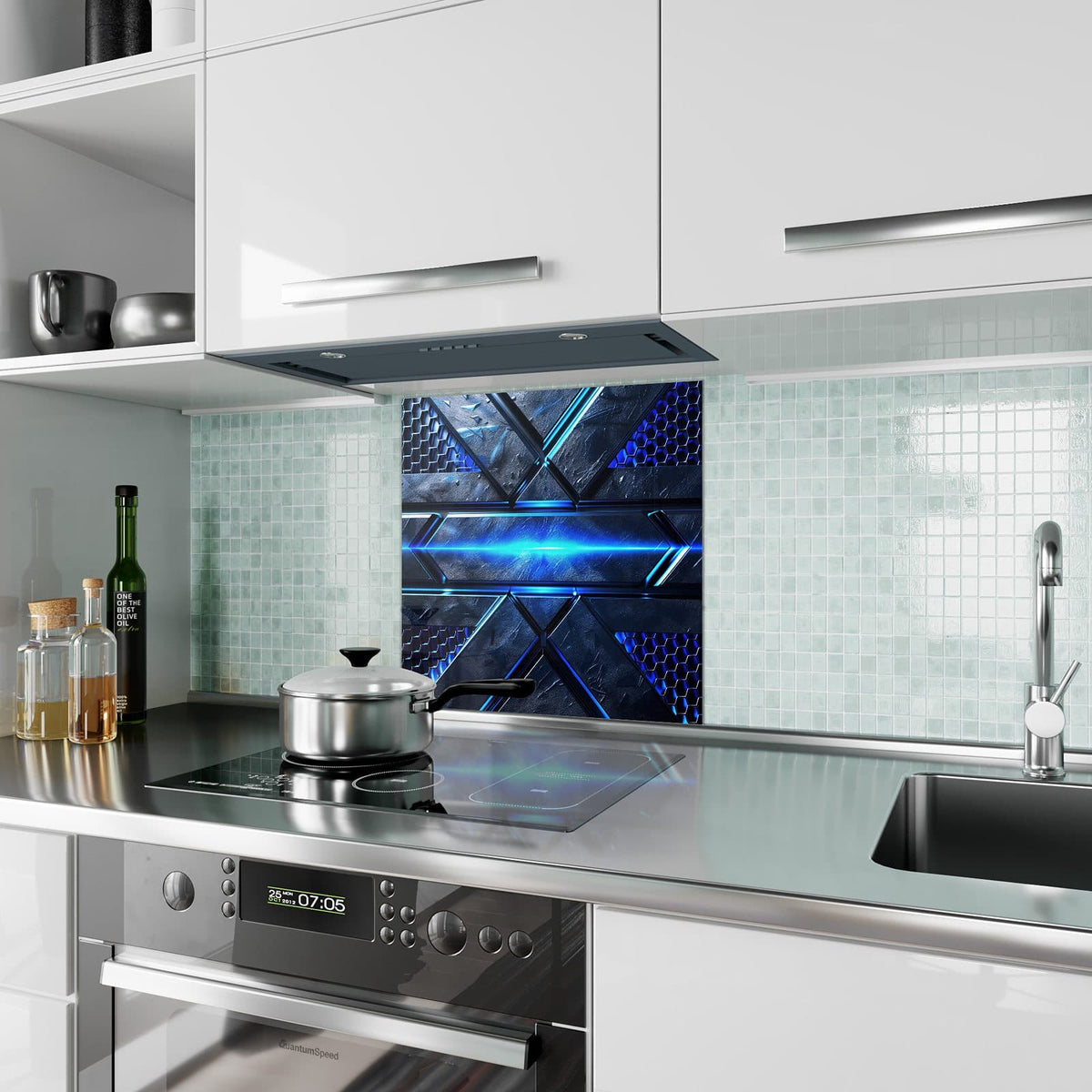 Küchenrückwand aus Glas Blauer Lichtstreifen im quadratischen Format als Spritzschutz hinter dem Kochfeld, über dem Fliesenspiegel montiert