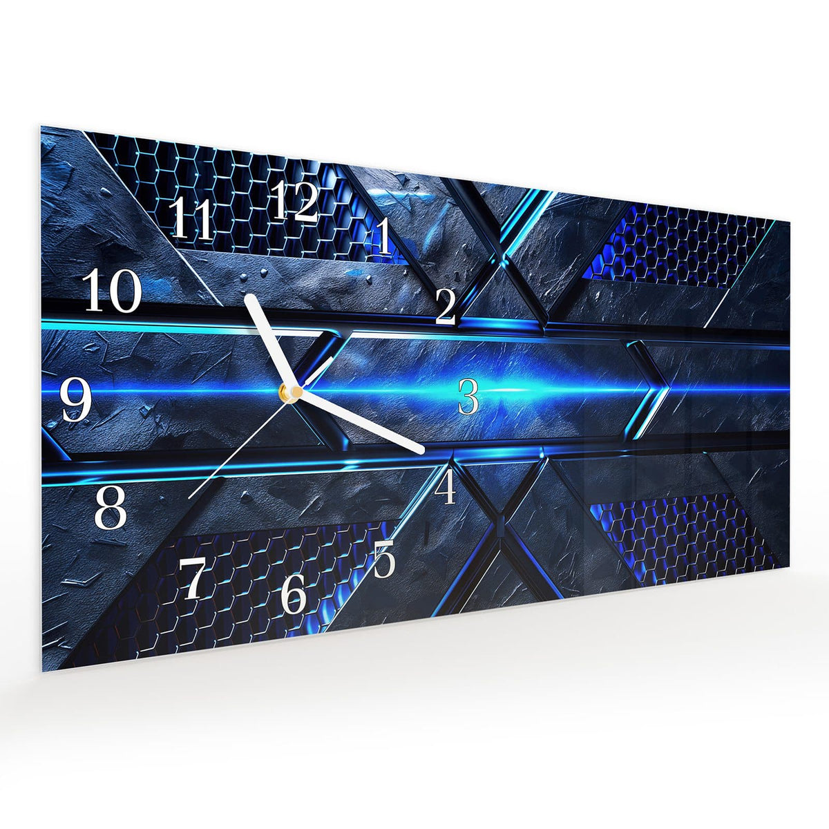 Vormontiert – mit Schwebeeffekt – Wanduhr Futuristisches Design aus Glas – Querformat 60 × 30 cm