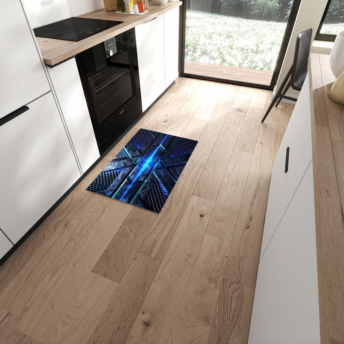 Fleckenresistenter waschbarer Teppich mit Motiv Futuristisches Design in moderner Küche