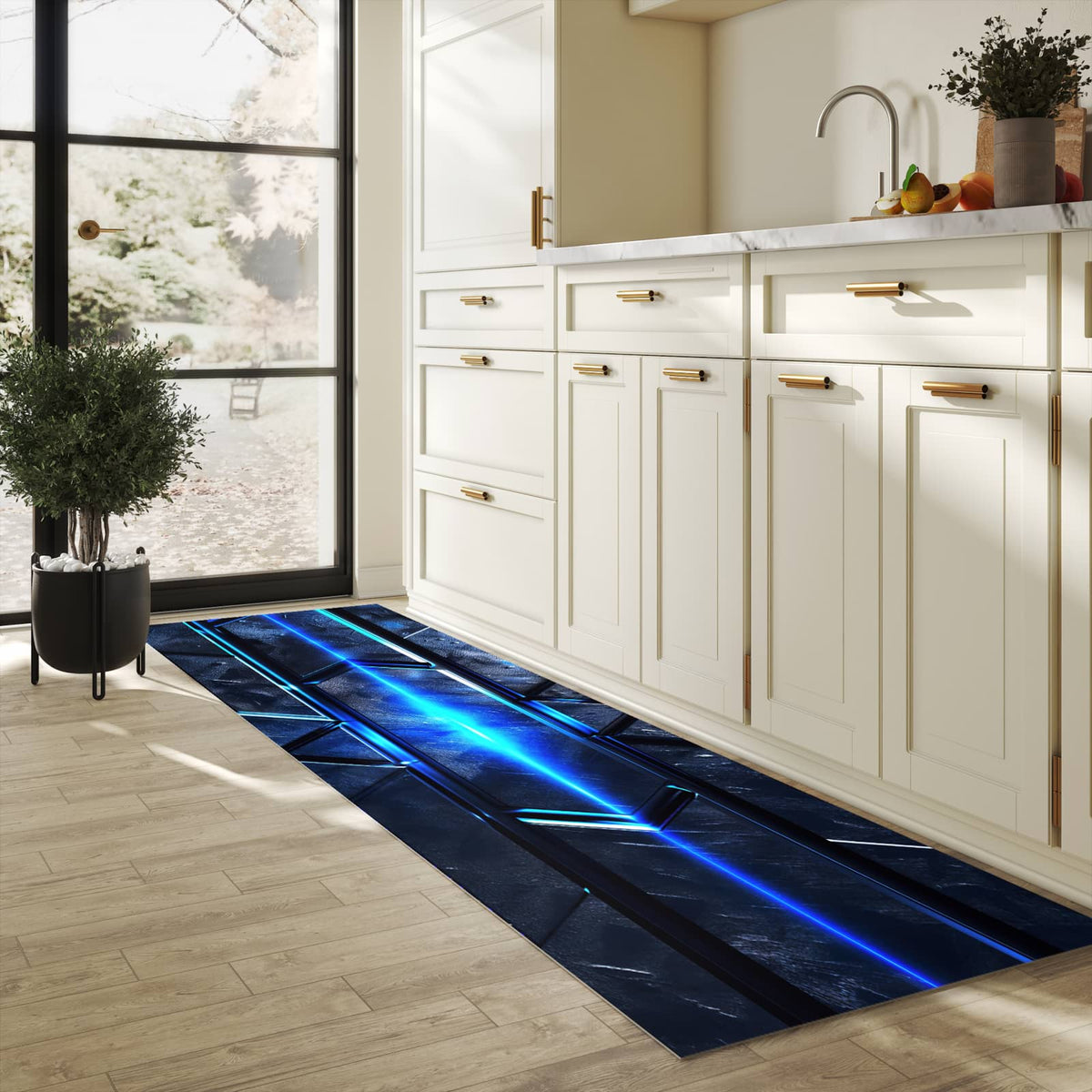 Abriebfester großer Küchenteppich mit Motiv Futuristisches Design in heller Küche