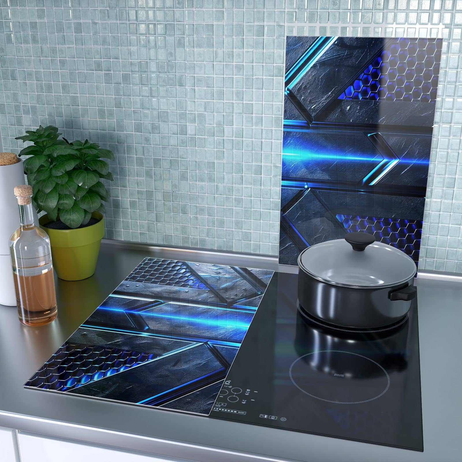 2-teilige Ceranfeldabdeckungen mit Futuristisches Design-Motiv als Spritzschutz hinter dem Kochfeld