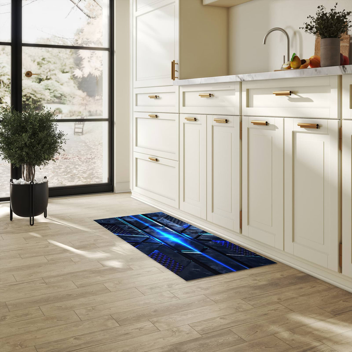 Feuchtigkeitsresistenter Bodenläufer mit Motiv Futuristisches Design in heller Küche