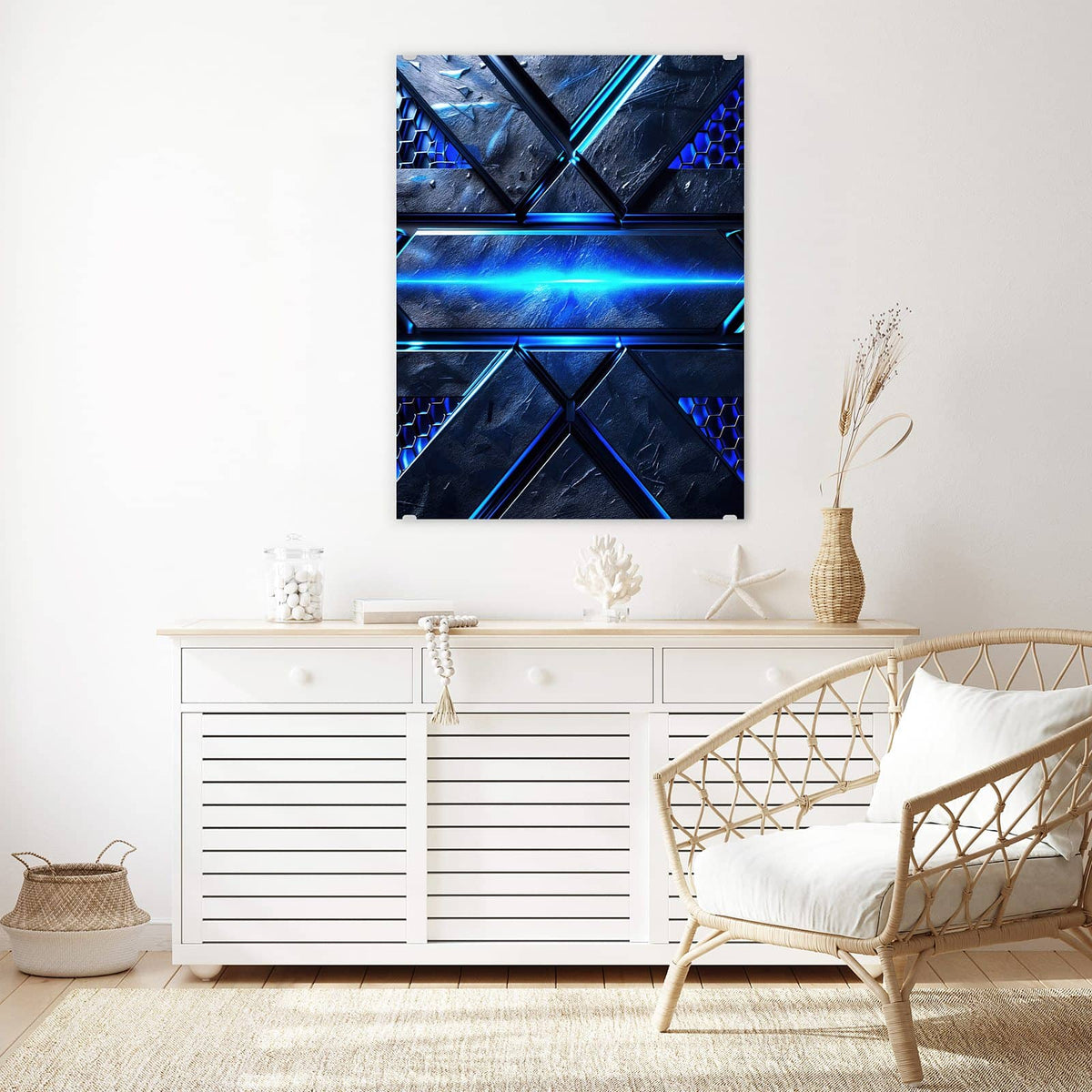 Aufhängung liegt bei – Motiv später wechselbar – Wandbild - Blauer Lichtstreifen - Hochformat