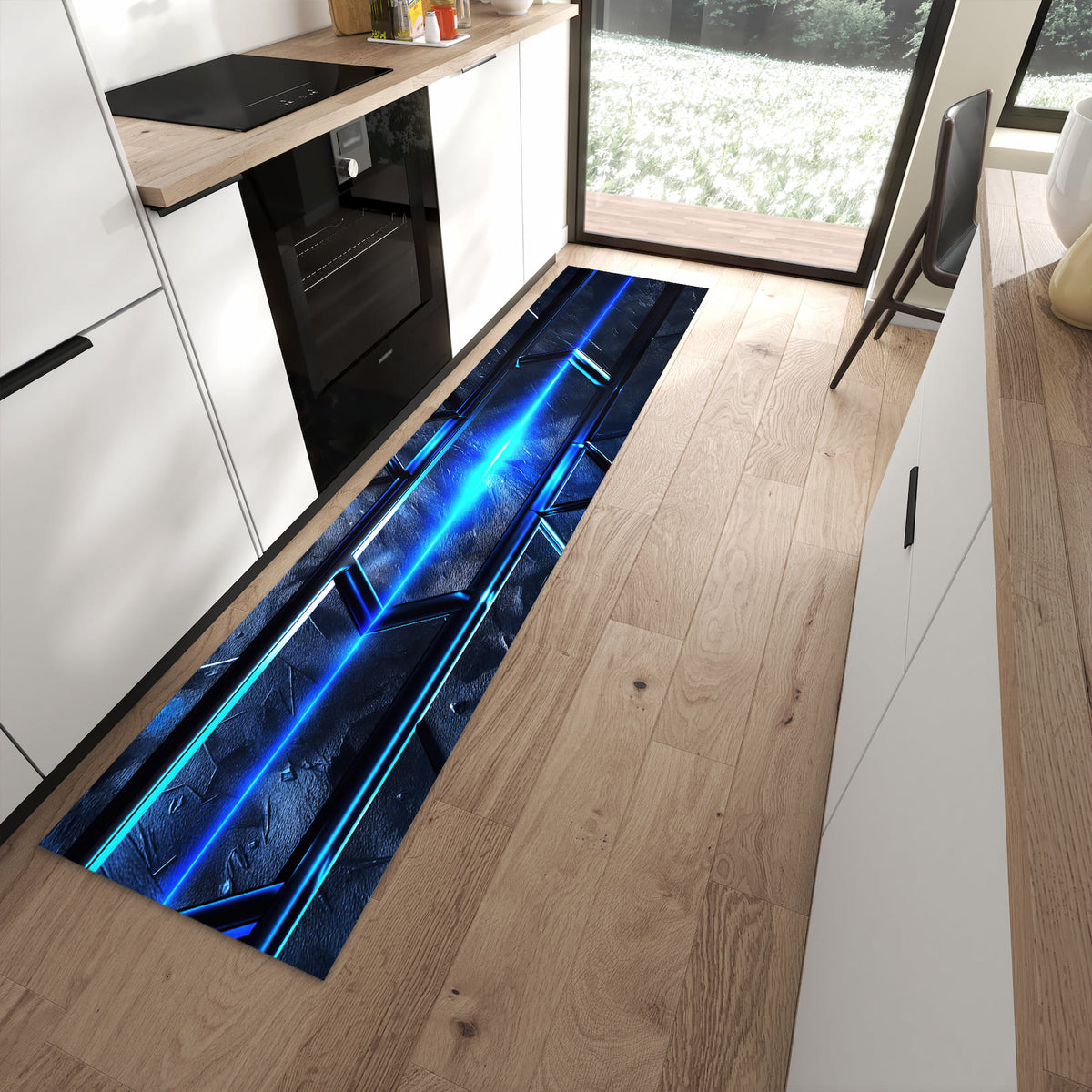 Rutschfester Küchenteppich mit Motiv Futuristisches Design für Trittkomfort in moderner Küche
