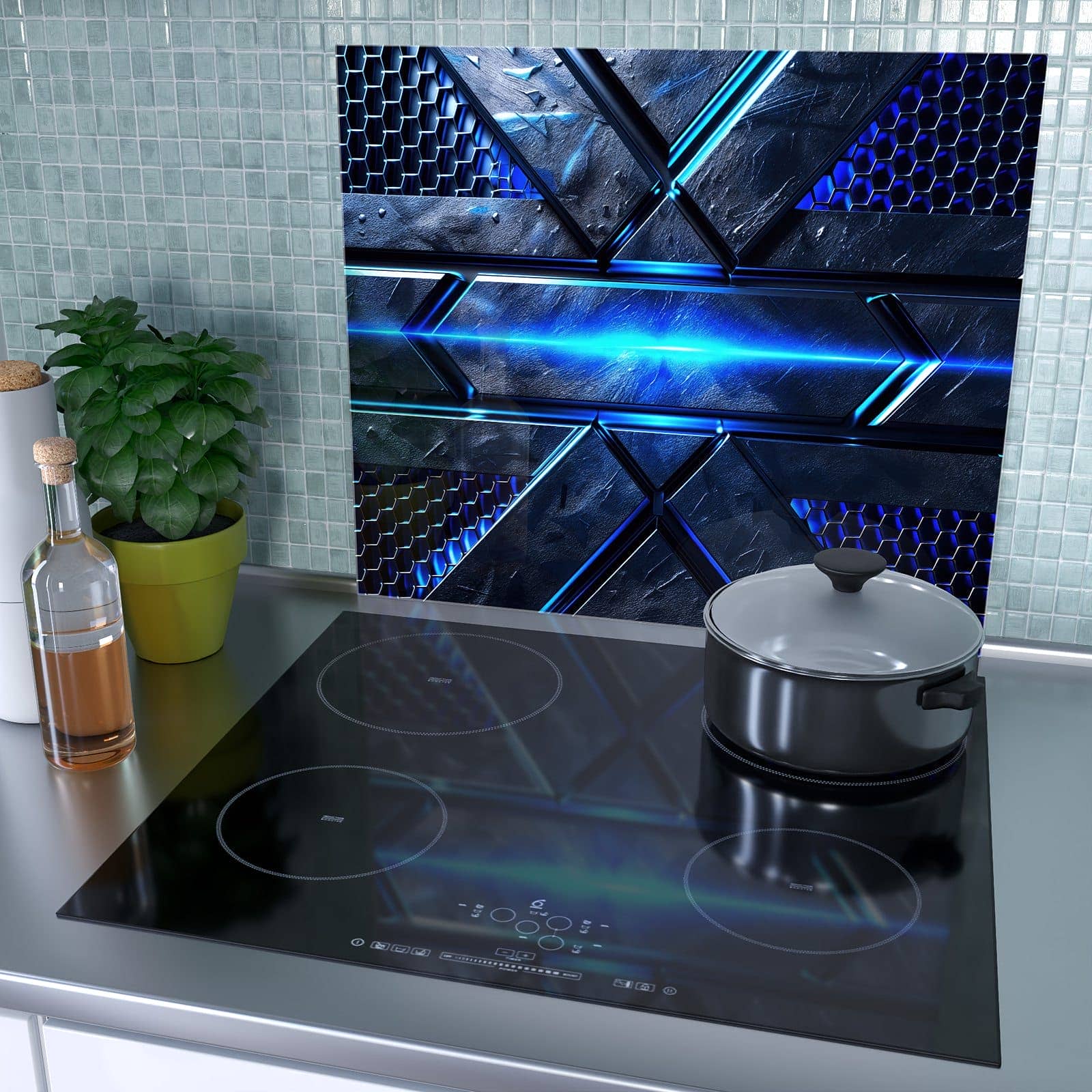 1-teilige Glasplatte für Herd mit Futuristisches Design-Motiv als Spritzschutz hinter dem Kochfeld