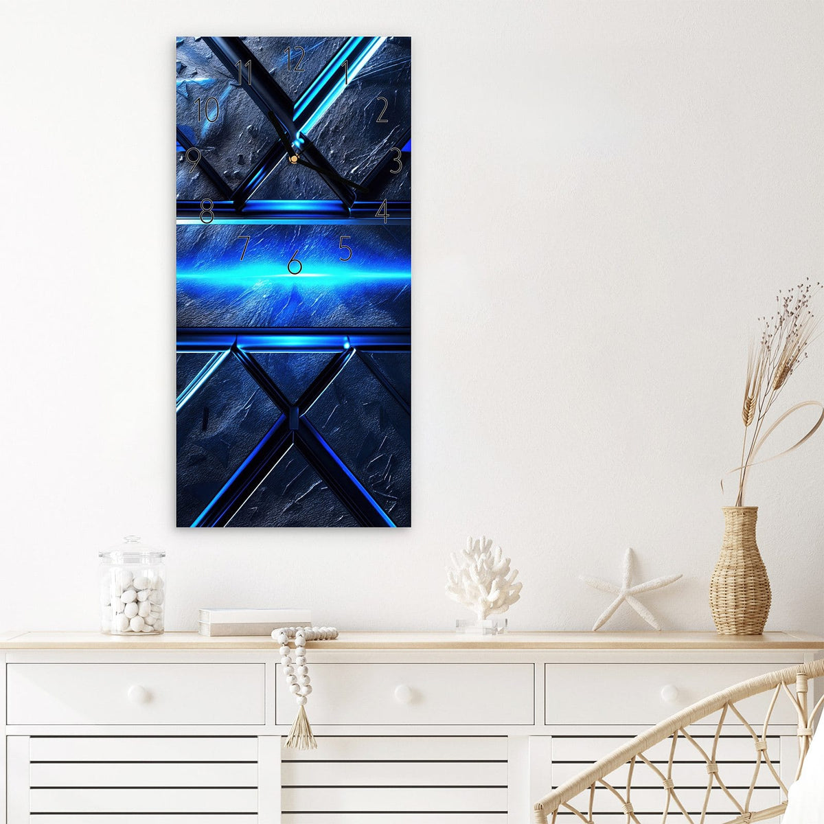 Wanduhr Futuristisches Design aus Glas – Hochformat 30 × 60 cm – Leuchtender blauer Lichtstreifen