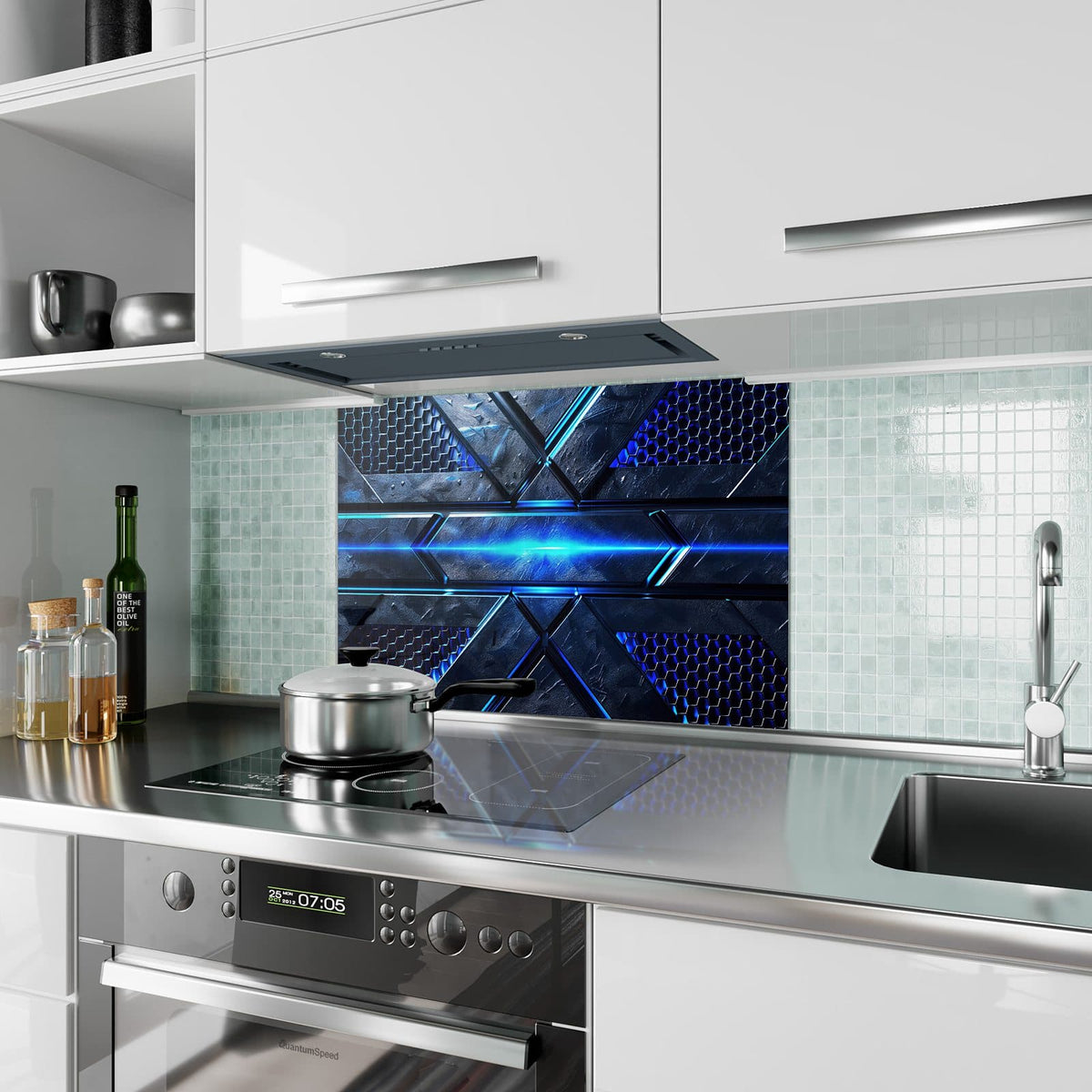 Küchenrückwand aus Glas Blauer Lichtstreifen im Hochformat als Spritzschutz hinter dem Kochfeld, über dem Fliesenspiegel montiert