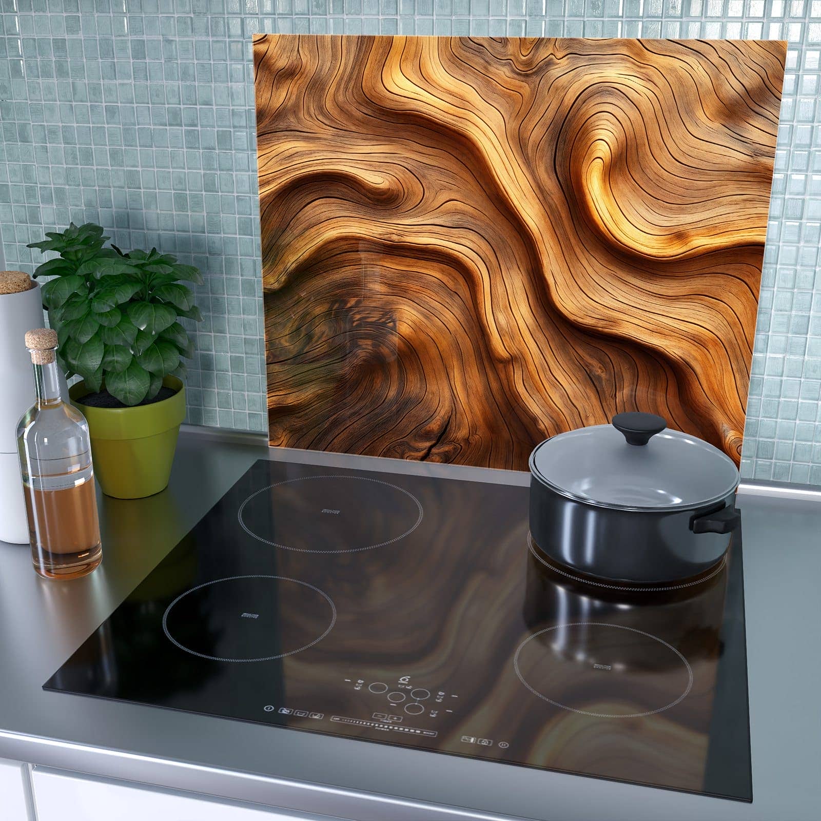 1-teilige Herdabdeckplatte aus Glas mit Holzstruktur-Motiv als Spritzschutz hinter dem Kochfeld