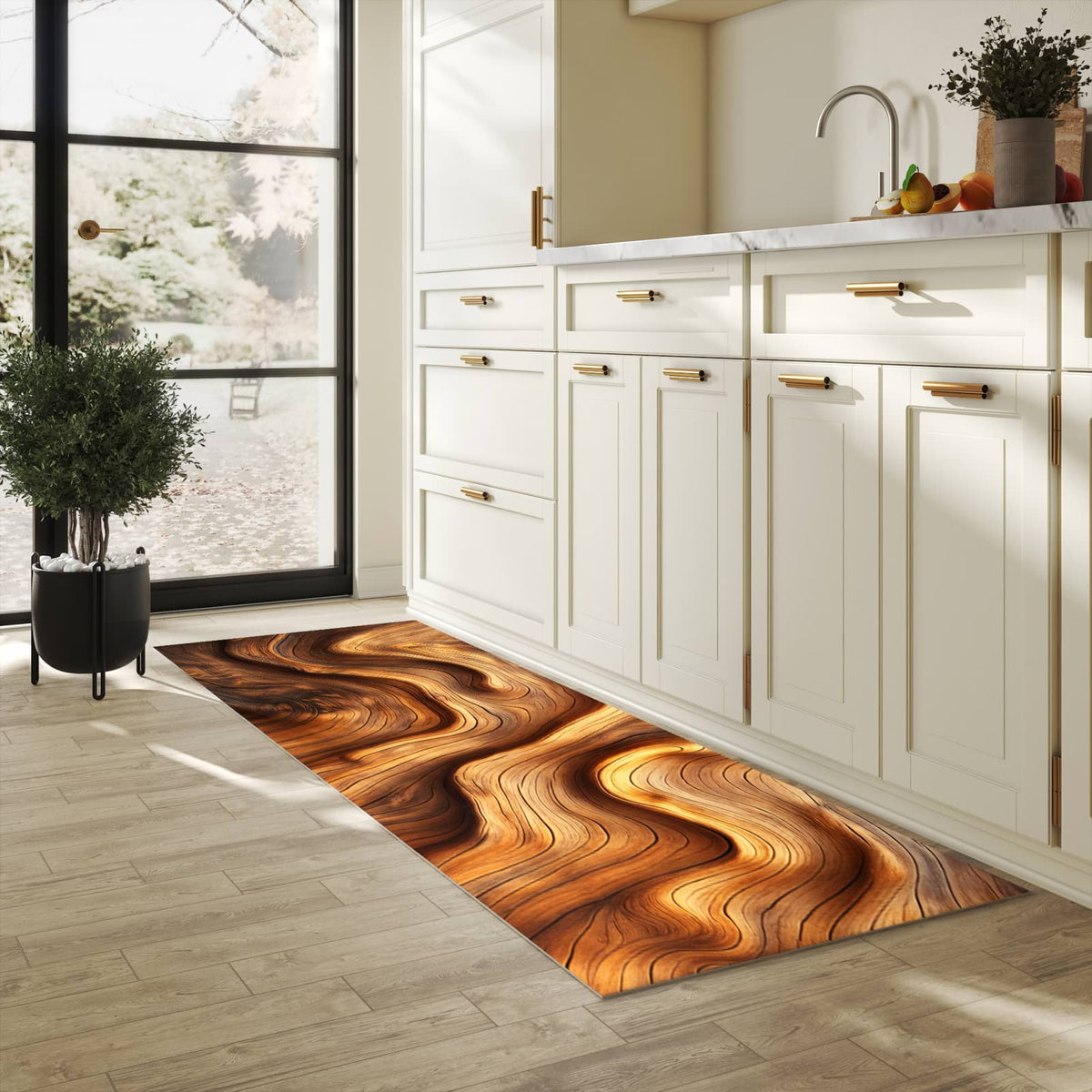 Dünner Küchenteppich mit Motiv Holzstruktur in heller Küche für angenehme Haptik