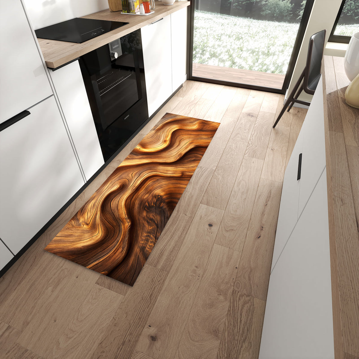Strapazierfähiger Läufer für die Küche mit Motiv Holzstruktur in moderner Küche