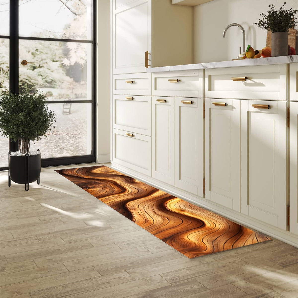 Pflegeleichter waschbarer Küchenläufer mit Motiv Holzstruktur in heller Küche