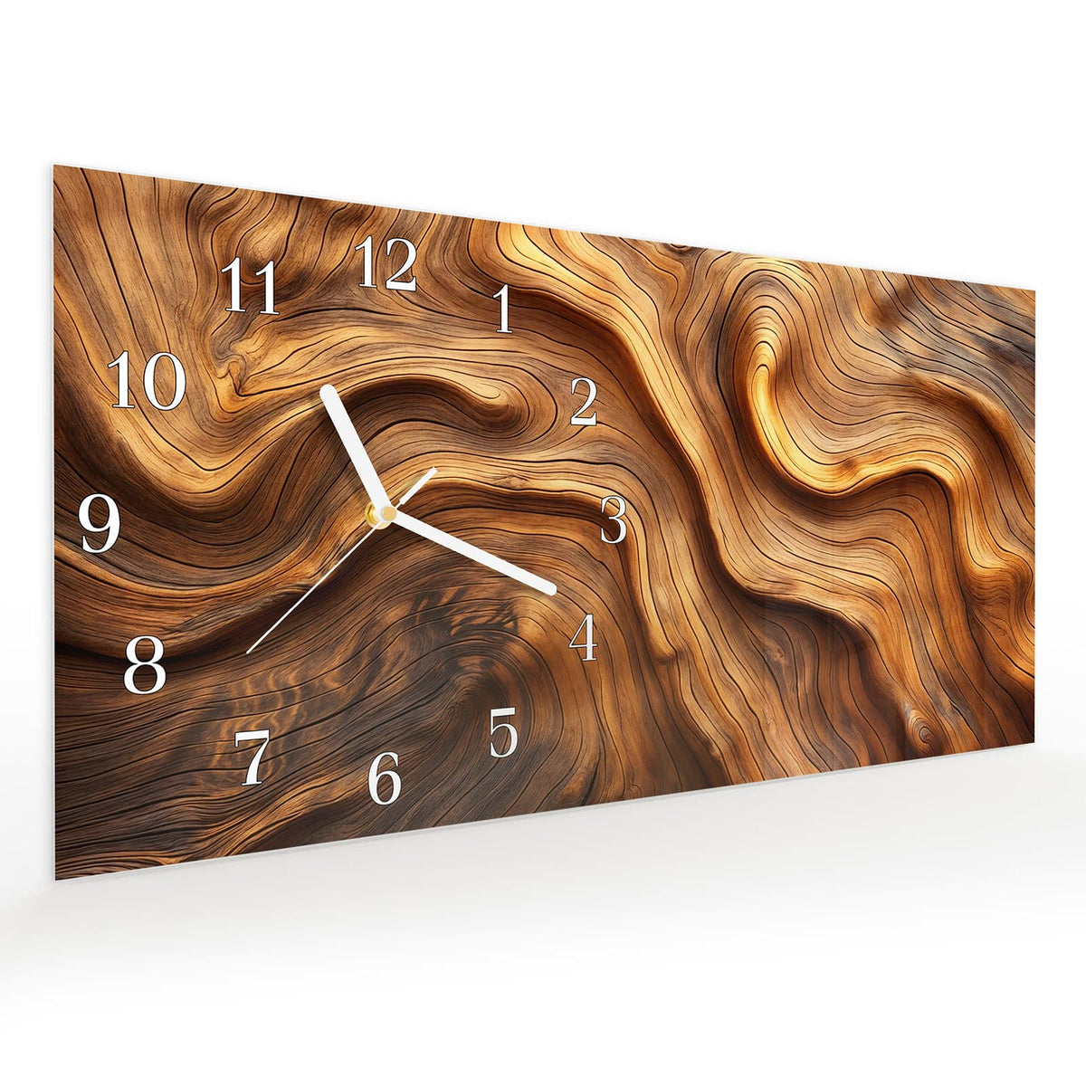 Vormontiert – mit Schwebeeffekt – Wanduhr Holzstruktur aus Glas – Querformat 60 × 30 cm