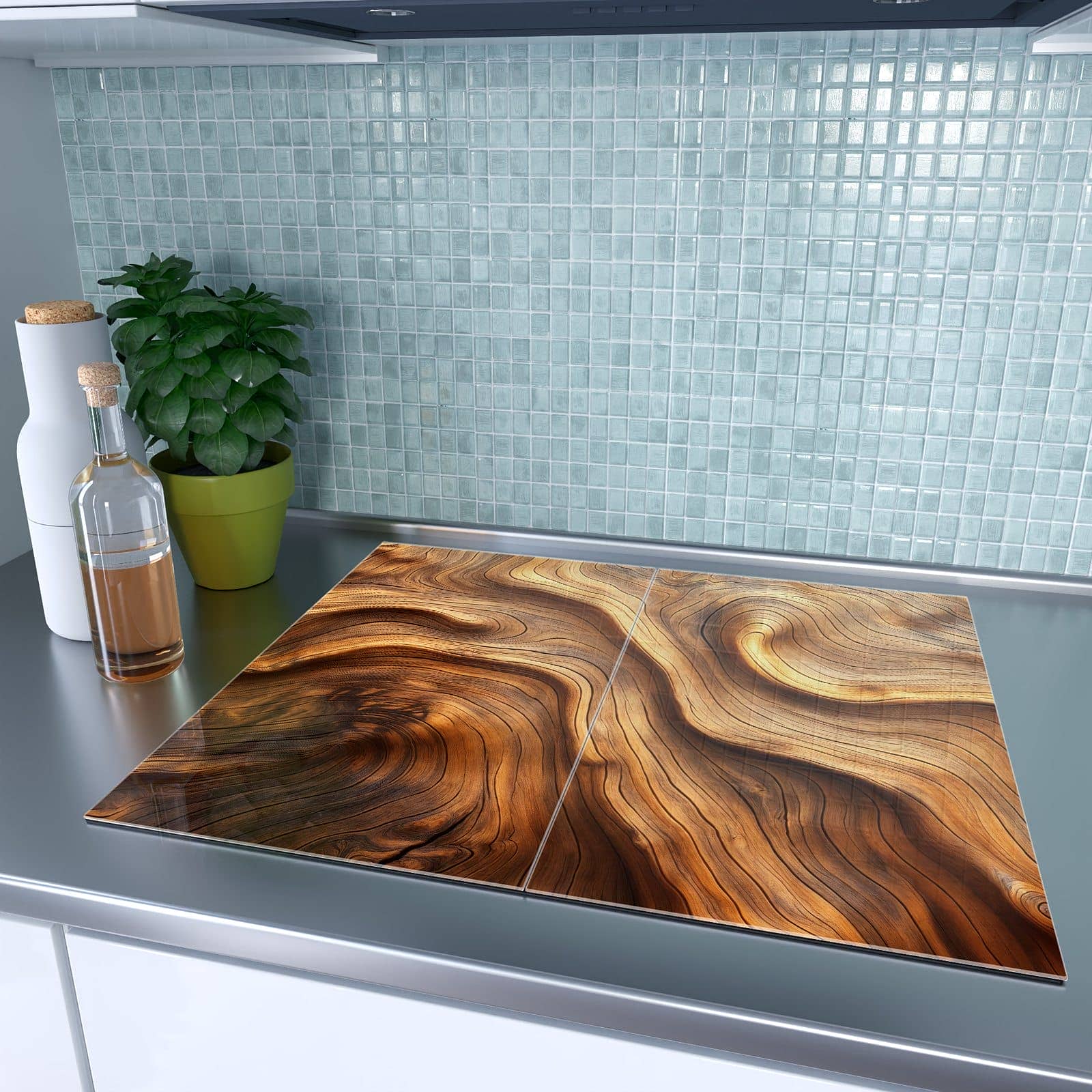 2-teilige Herdabdeckplatte mit Holzstruktur-Motiv auf dem Ceranfeld