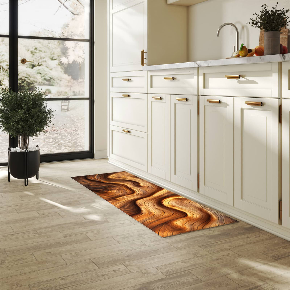 Langlebiger Teppichläufer mit Motiv Holzstruktur in heller Küche