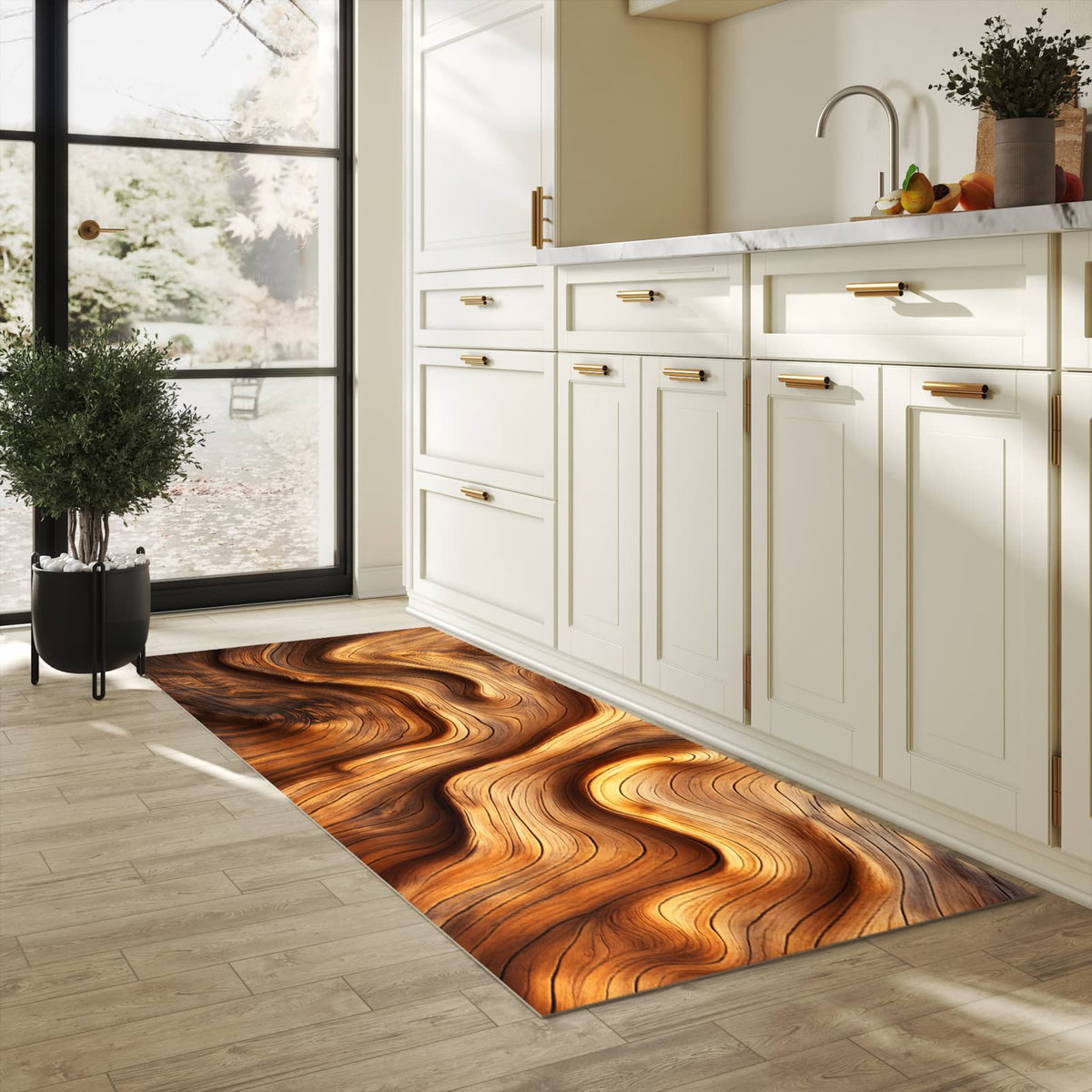 Langlebiger Teppich für Esstisch mit Motiv Holzstruktur in heller Küche, waschbar