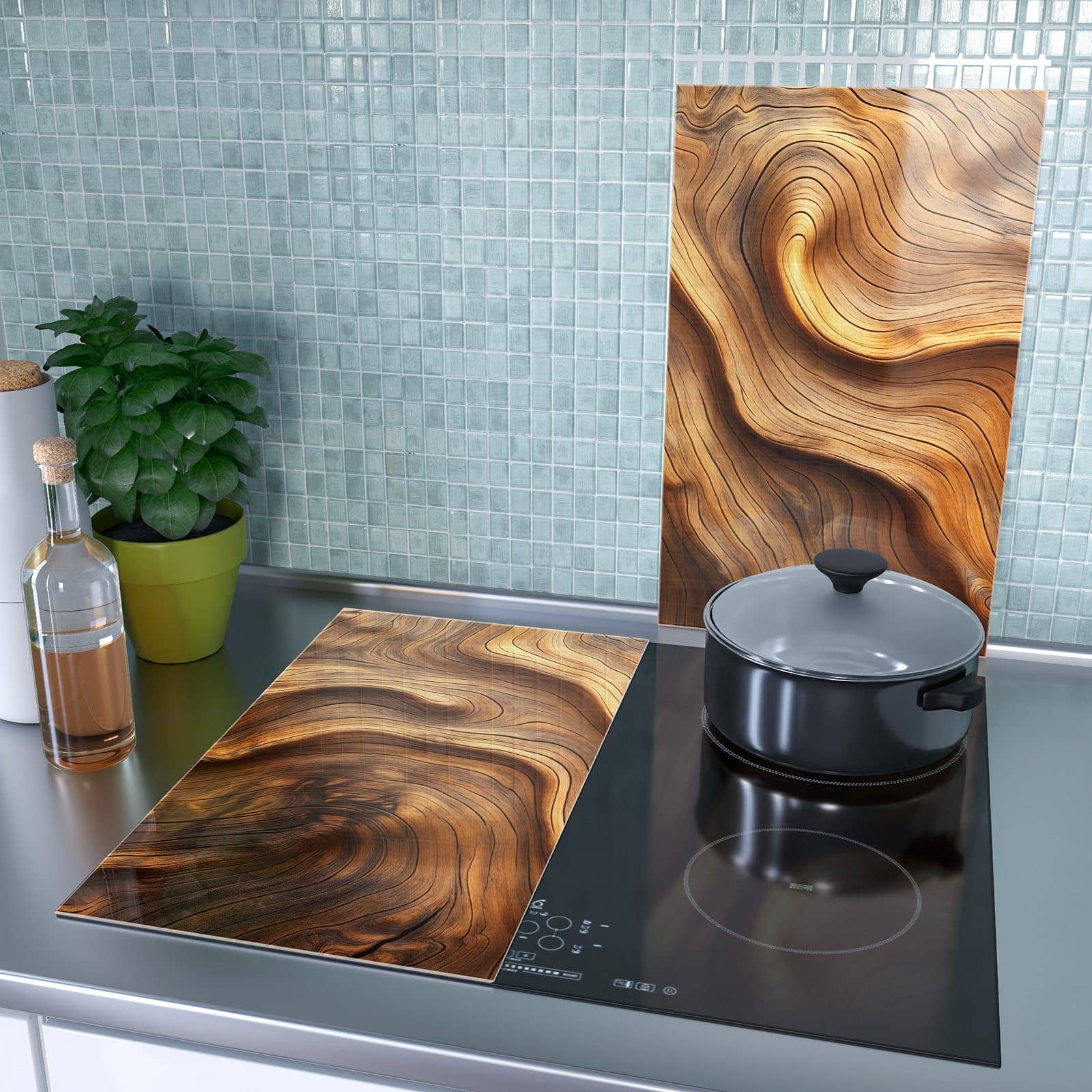 2-teilige Herd Schutzplatte mit Holzstruktur-Motiv als Spritzschutz hinter dem Kochfeld