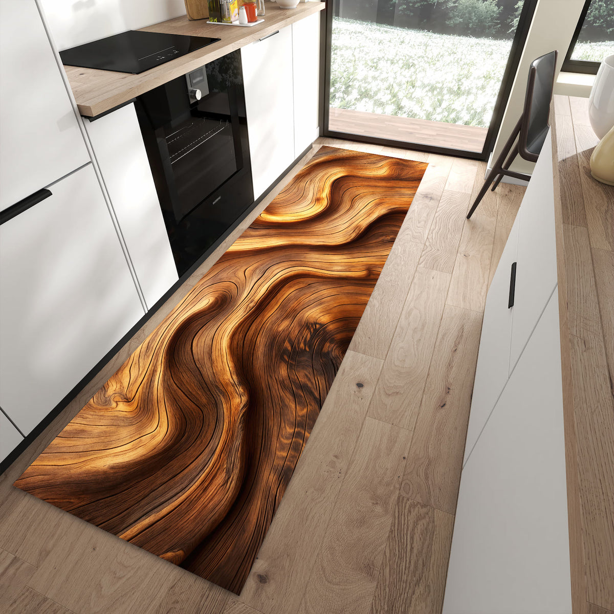 Bodenschonender Küchenläufer mit Motiv Holzstruktur in moderner Küche