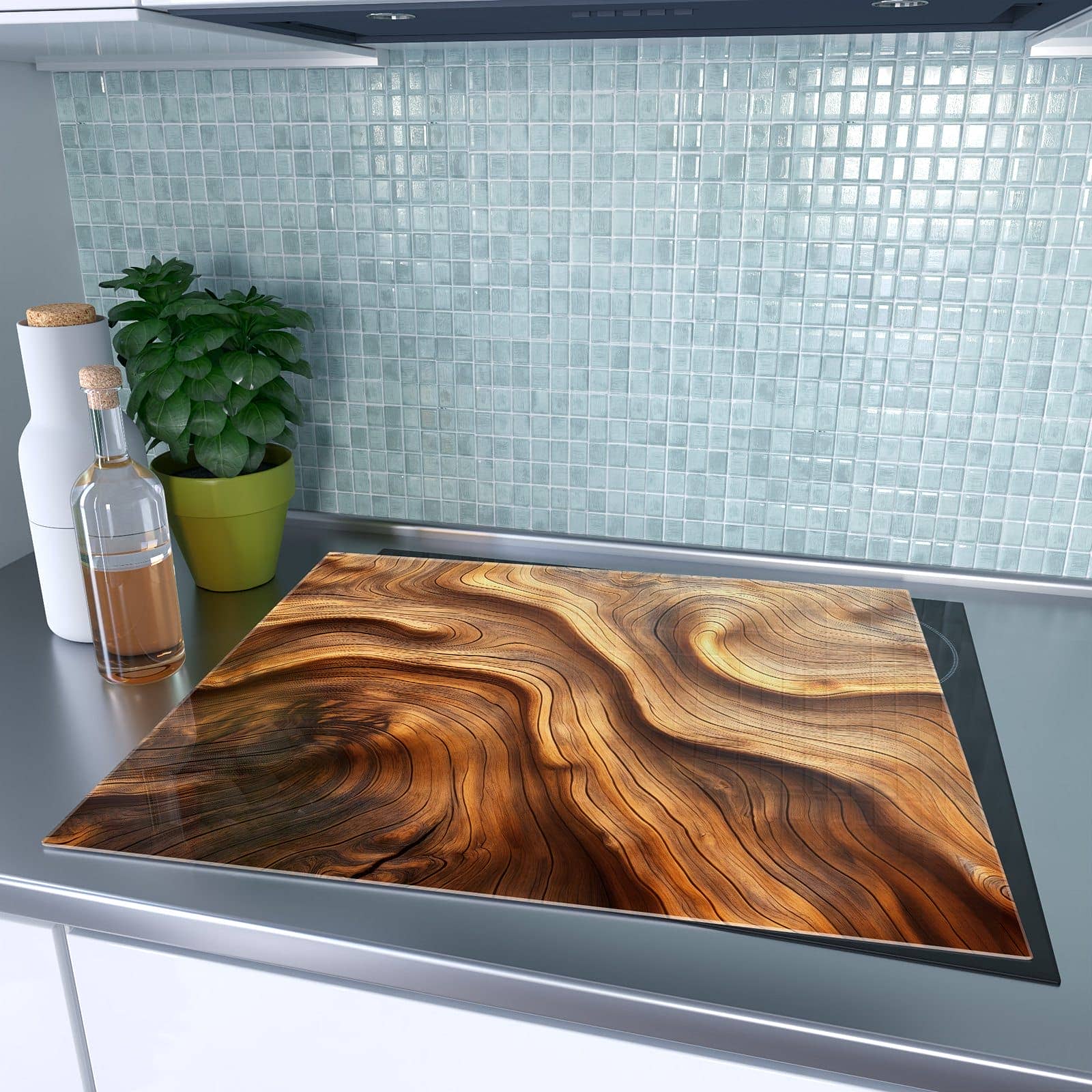 1-teilige Abdeckplatten Ceranfeld mit Holzstruktur-Motiv auf dem Ceranfeld