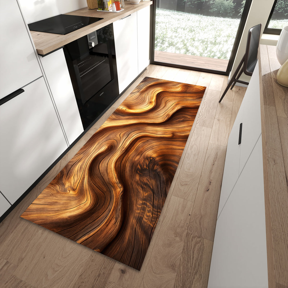 Waschbarer Küchenläufer mit Motiv Holzstruktur in moderner Küche für sichere Aufbewahrung