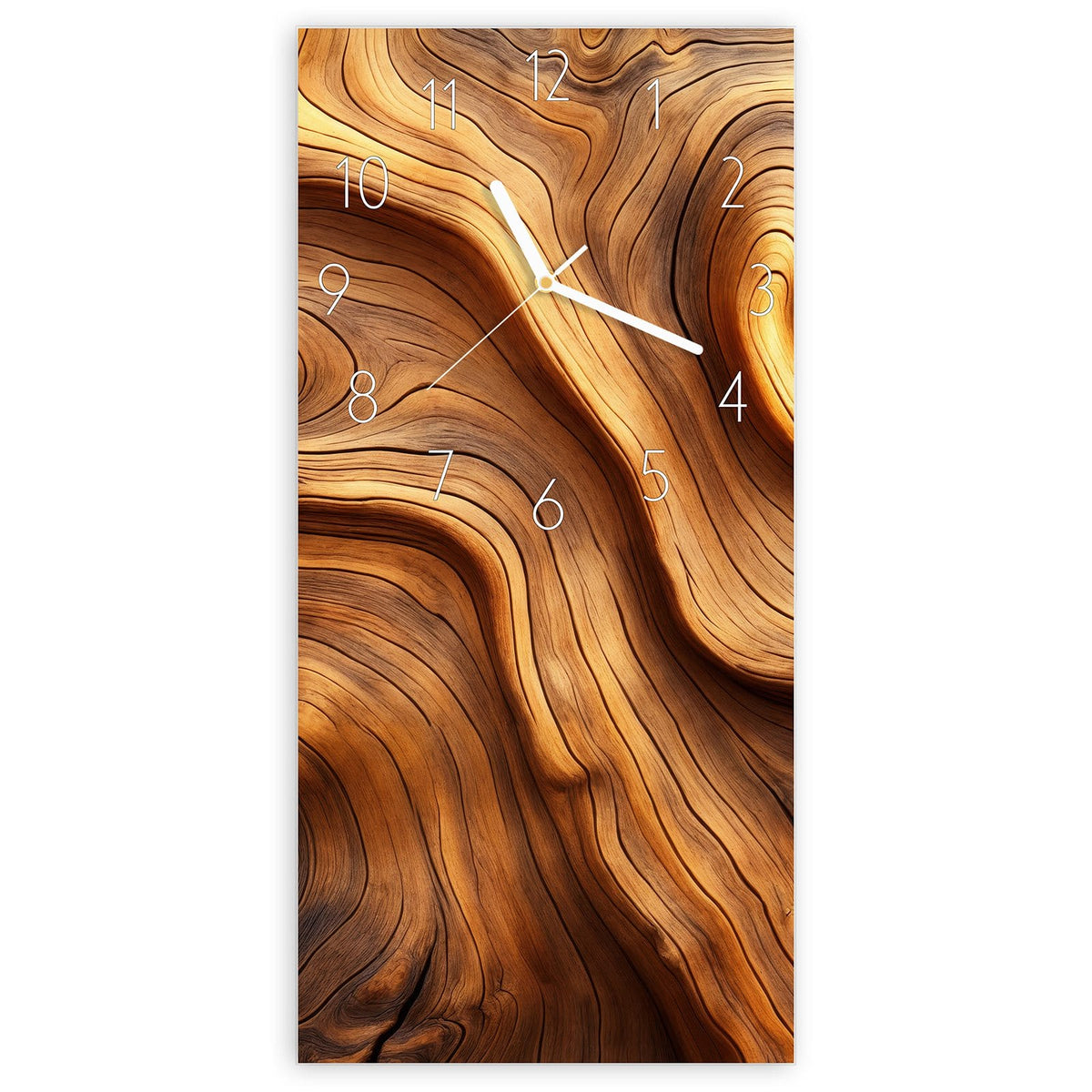 Wanduhr aus Glas, Ziffernblatt Elegant mit Motiv Wellige Holzmaserung: Stark geschwungene, wellenförmige Maserung in warmem Braun, wie eine Wurzelholzoberfläche #ziffernblatt_Elegant