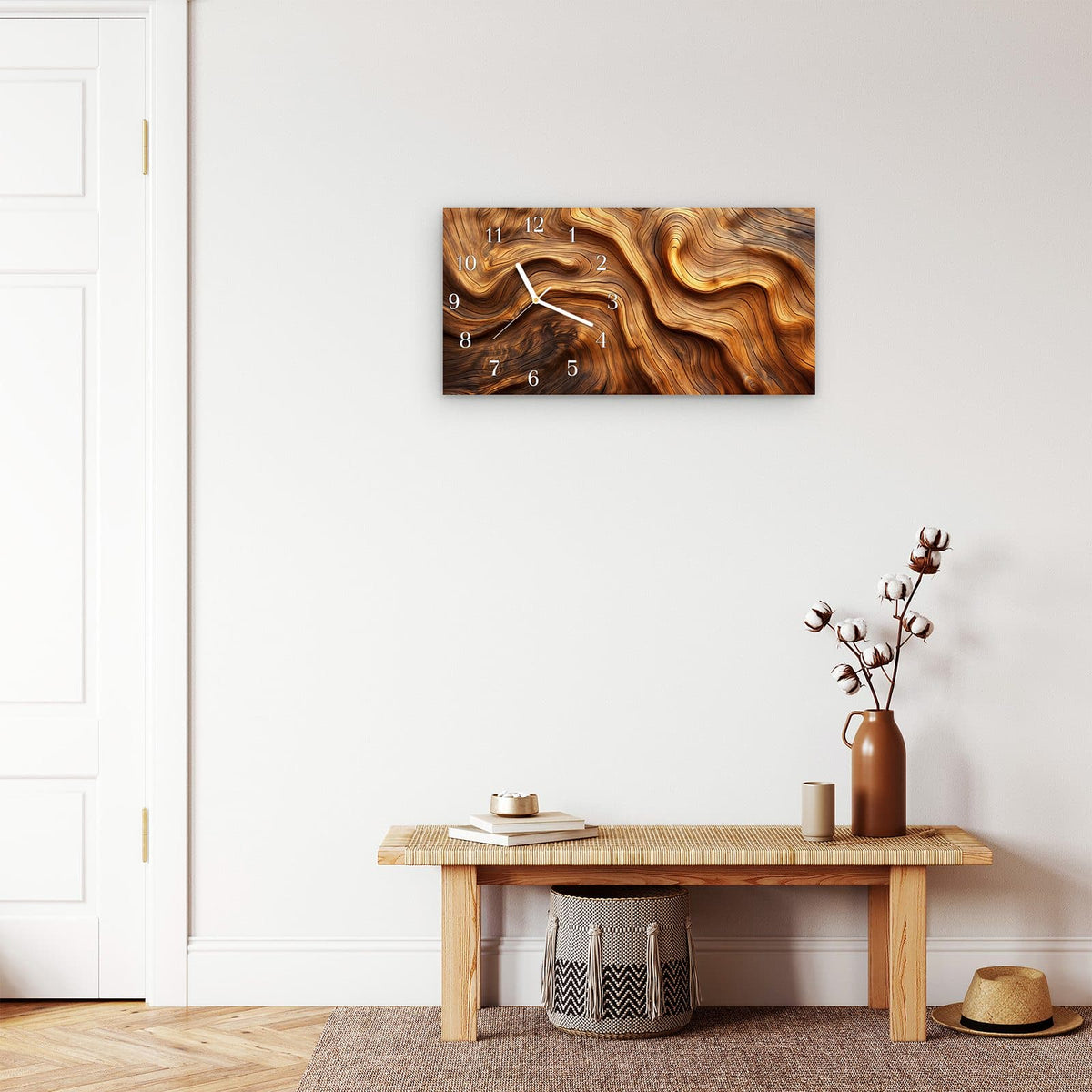 Moderne Wanduhr aus Glas mit Farbtiefe – Wanduhr Holzstruktur aus Glas – Querformat 60 × 30 cm