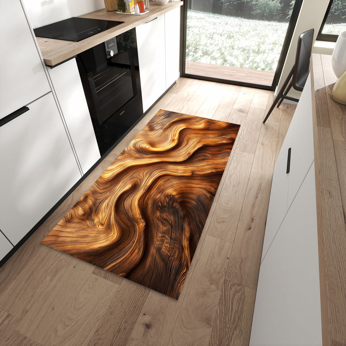 Formstabiler waschbarer Läufer für die Küche mit Motiv Holzstruktur in moderner Küche