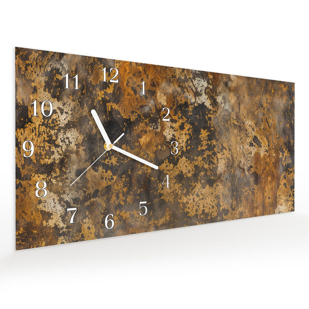 Vormontiert – mit Schwebeeffekt – Wanduhr Rostige Textur aus Glas – Querformat 60 × 30 cm