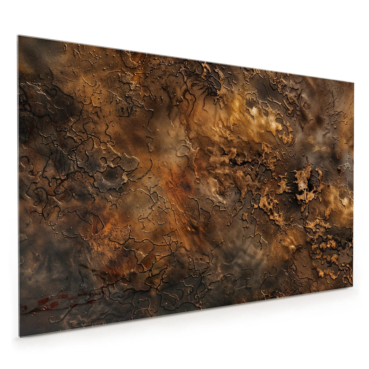 Küchenrückwand aus Glas im Hochformat mit Motiv Dunkle Bronzepatina: Dunkelbraun-goldene, verkrustete Metalloberfläche mit aufgeplatzter Patina