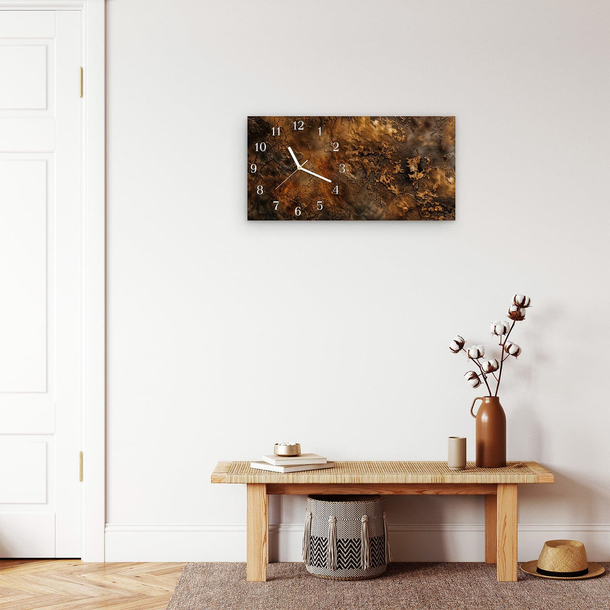 Moderne Wanduhr aus Glas mit Farbtiefe – Wanduhr Abstrakte Erde aus Glas – Querformat 60 × 30 cm