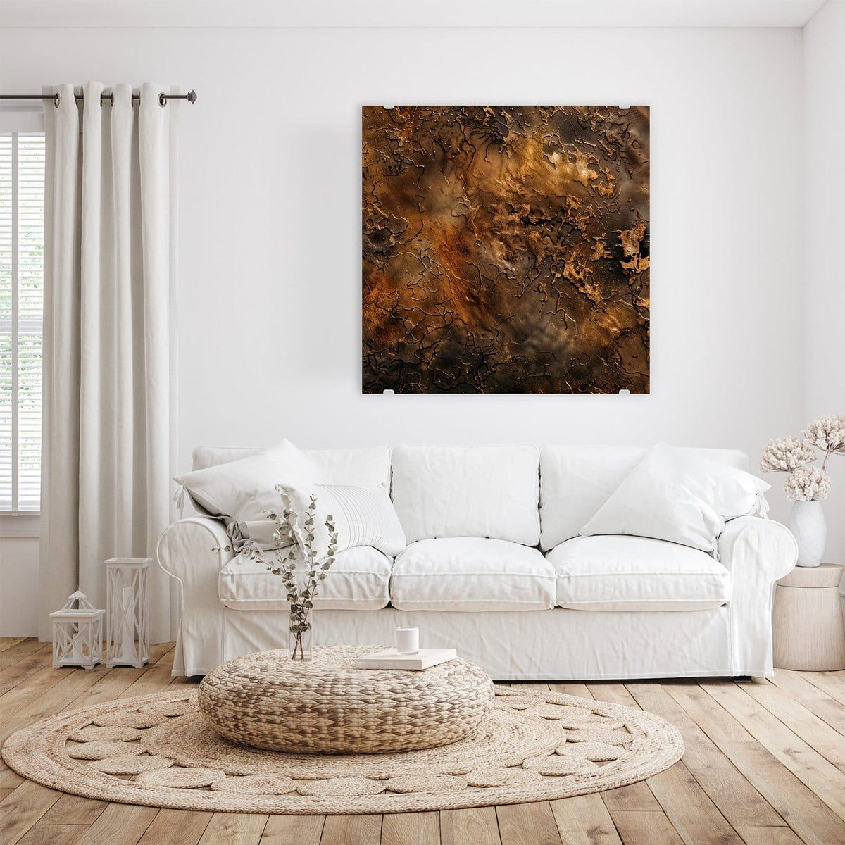 Glasbild Dunkle Bronzepatina an der Wand – Dunkelbraun-goldene, verkrustete Metalloberfläche mit aufgeplatzter Patina