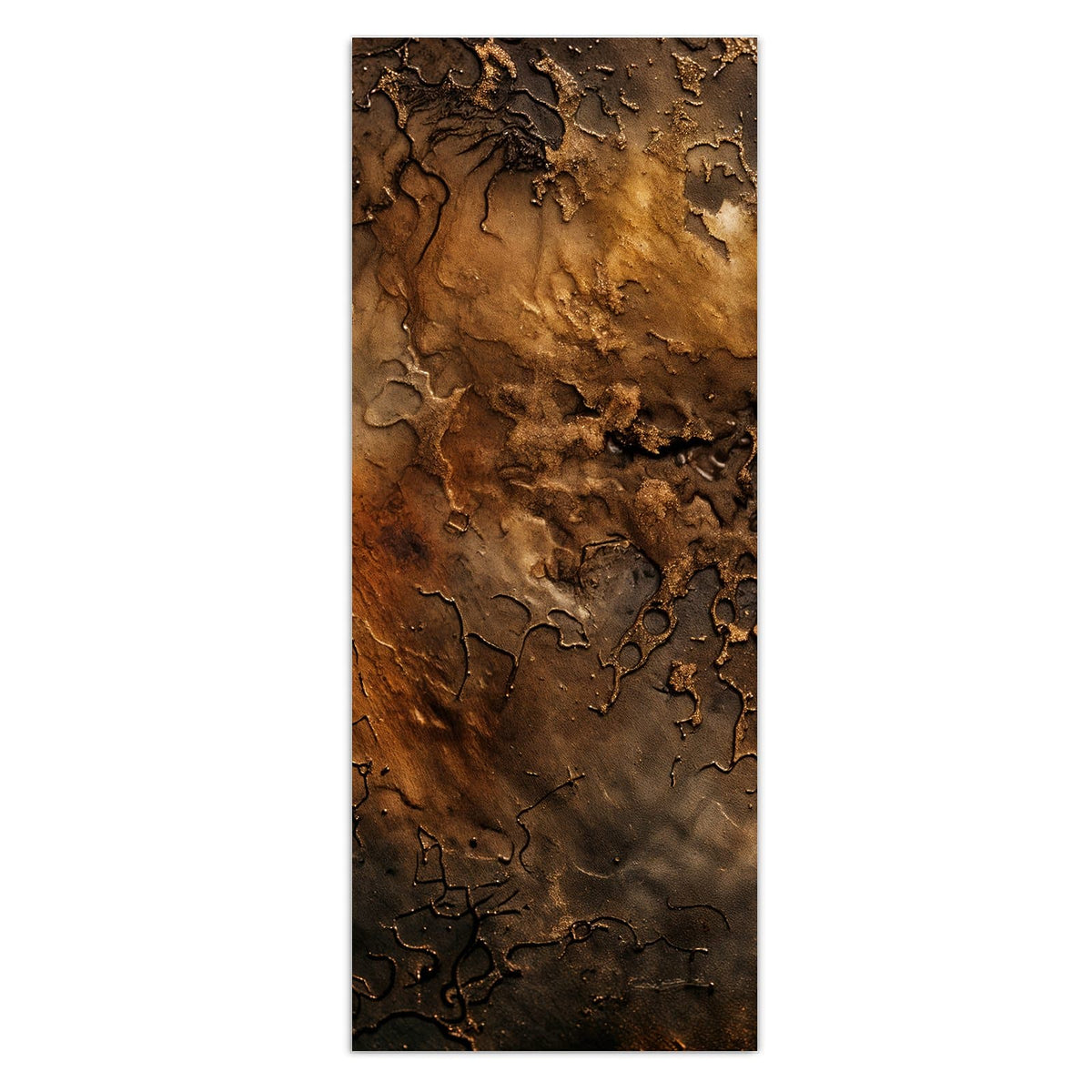 Dunkelbraun-goldene, verkrustete Metalloberfläche mit aufgeplatzter Patina