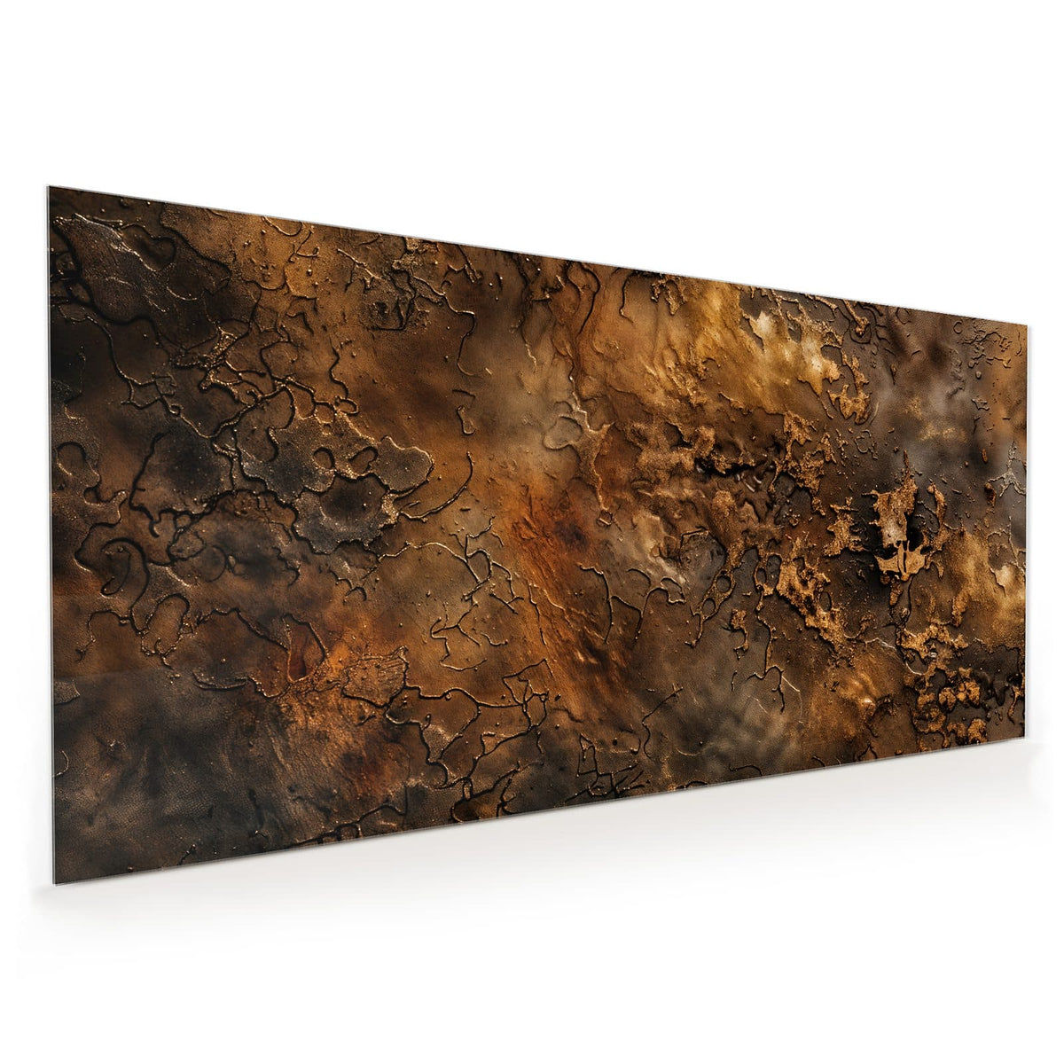 Küchenrückwand aus Glas im Hochformat mit Motiv Dunkle Bronzepatina: Dunkelbraun-goldene, verkrustete Metalloberfläche mit aufgeplatzter Patina