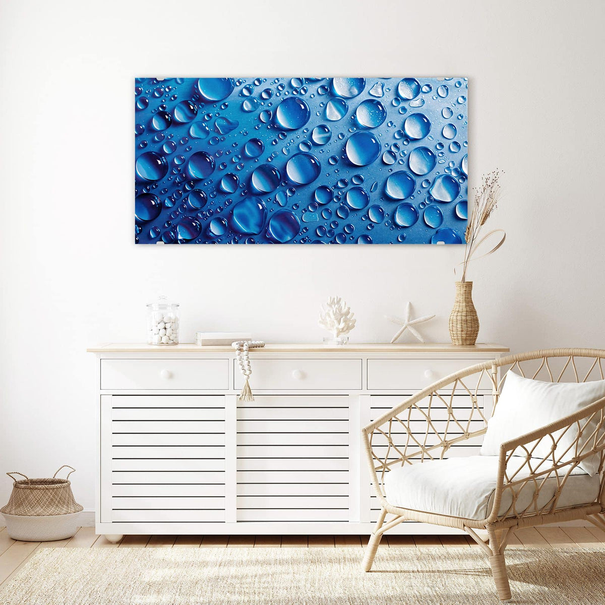 Echtglas, 4 mm – kein Acryl, keine Folie – Wandbild - Tropfen auf Blau - Querformat