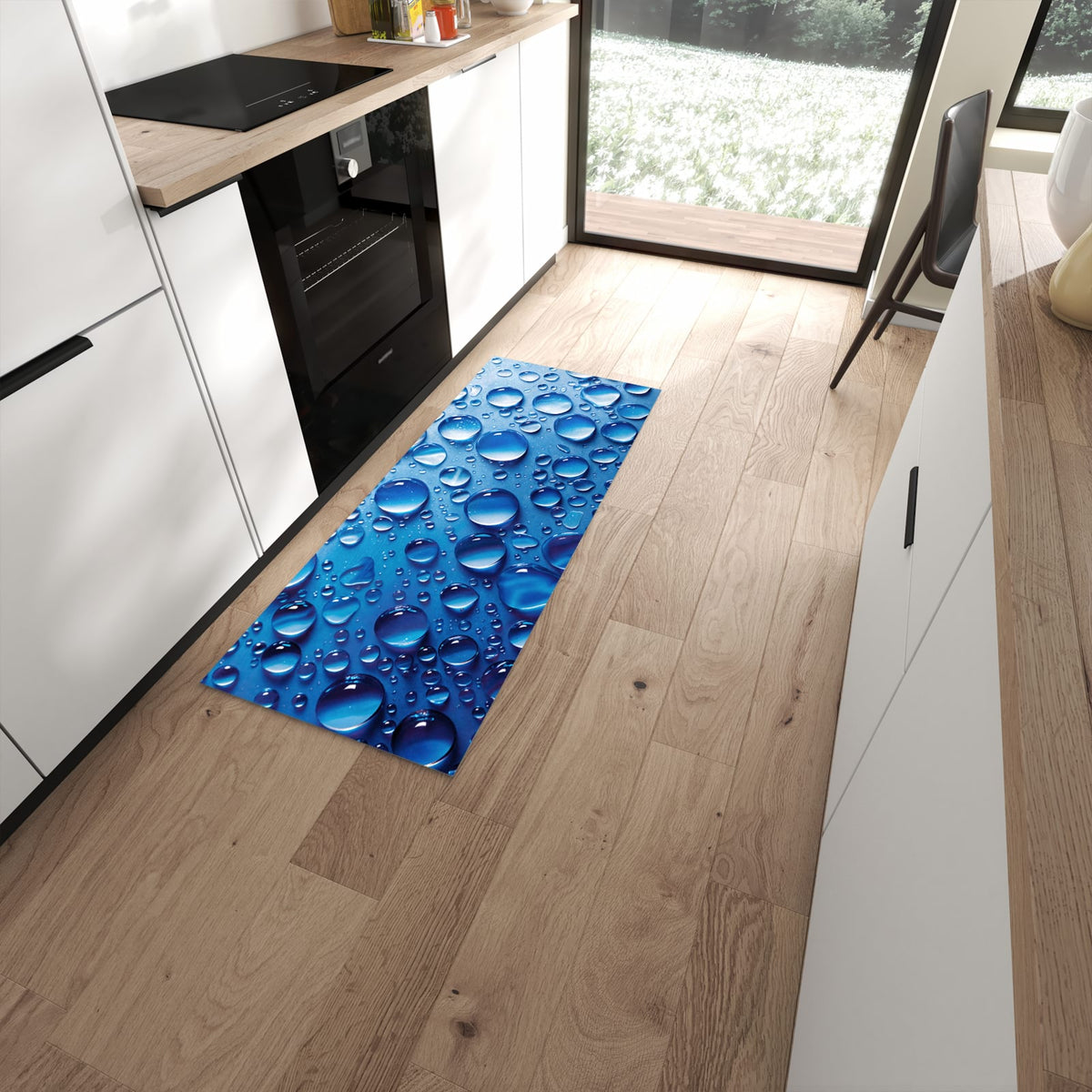 Langlebiger Küchenvorleger mit Motiv Wassertropfen in moderner Küche #grösse_60 x 150 cm