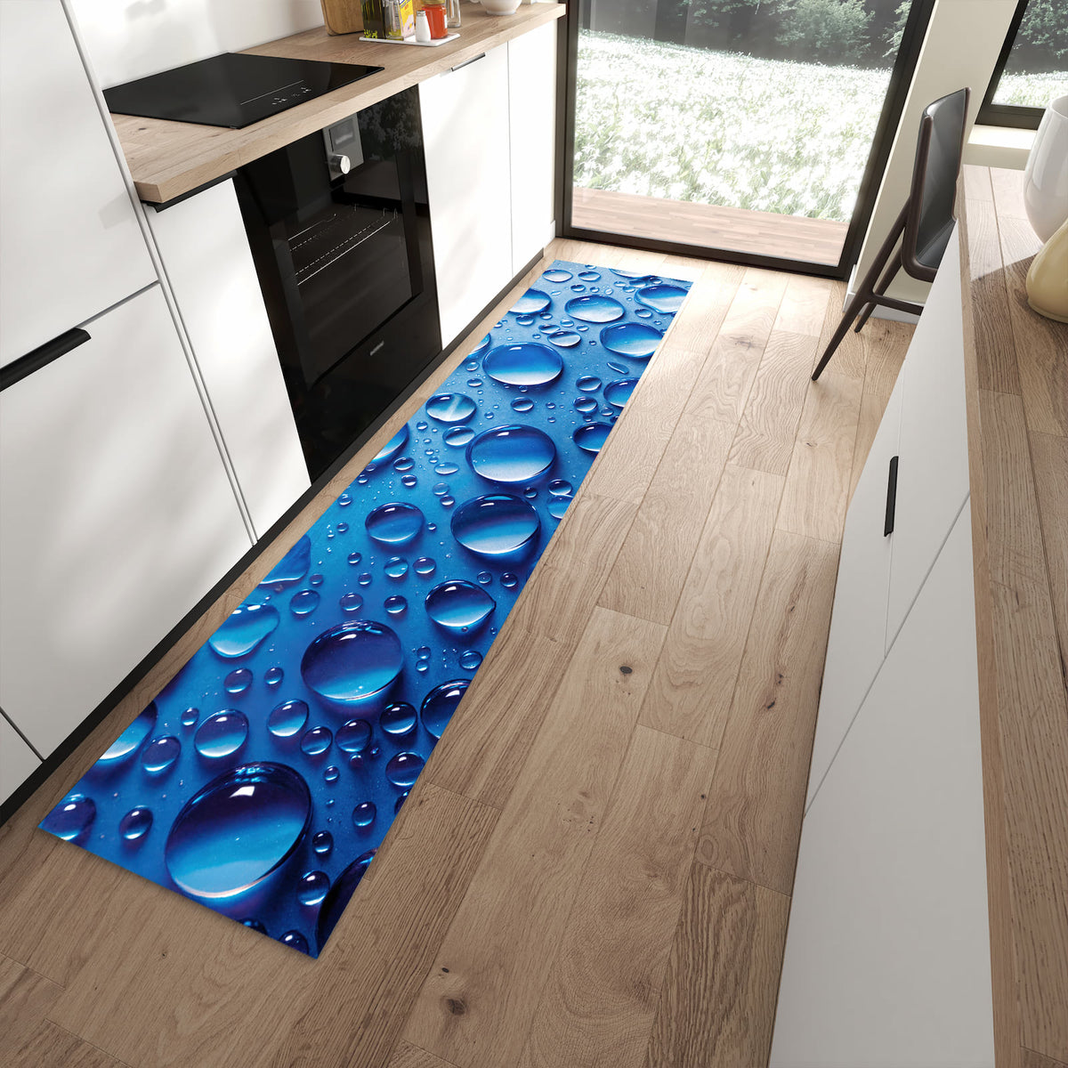 Bodenschonender Küchenteppich mit Motiv Wassertropfen in moderner Küche