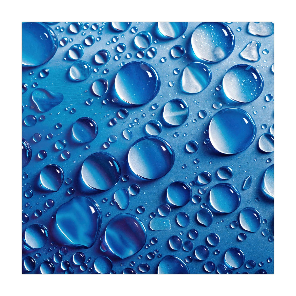Runde Wassertropfen auf tiefblauer Fläche mit hellen Reflexen