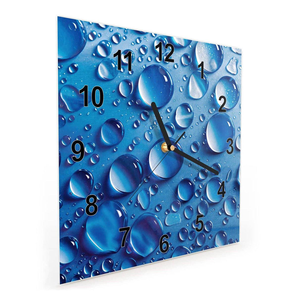 Quadratische Wanduhr aus Glas Tropfen auf Blau schräg von der Seite, 4 mm starkes Glas