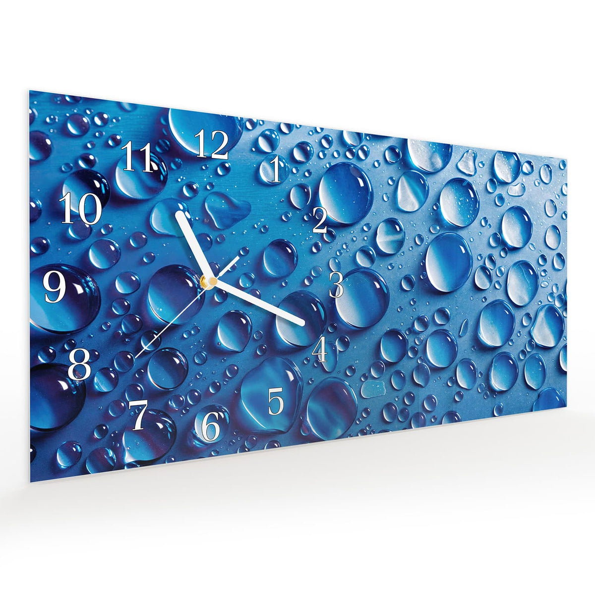 Vormontiert – mit Schwebeeffekt – Wanduhr Wassertropfen aus Glas – Querformat 60 × 30 cm