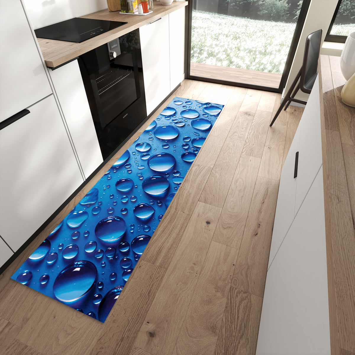 Feuchtigkeitsresistenter Küchenläufer mit Motiv Wassertropfen in moderner Küche