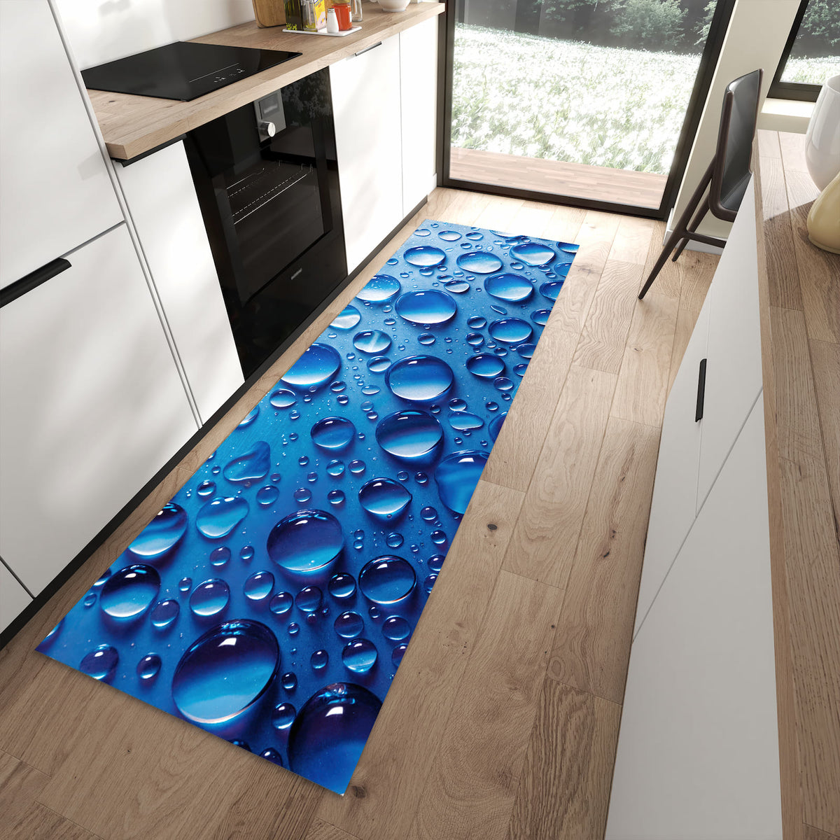 Formstabiler langer Teppich mit Motiv Wassertropfen in moderner Küche
